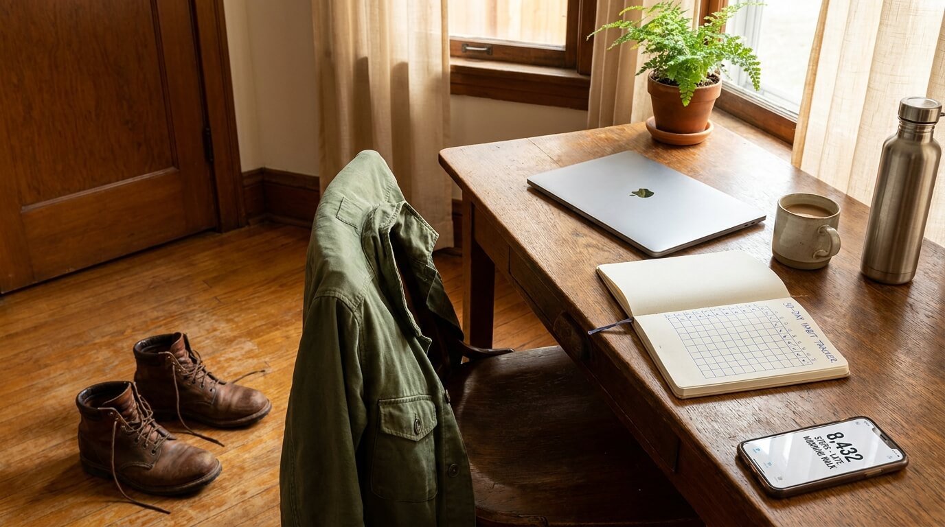 A pair of worn walking shoes next to a developer's desk, a closed laptop, a phone showing a step counter, and a notebook with a habit tracker.