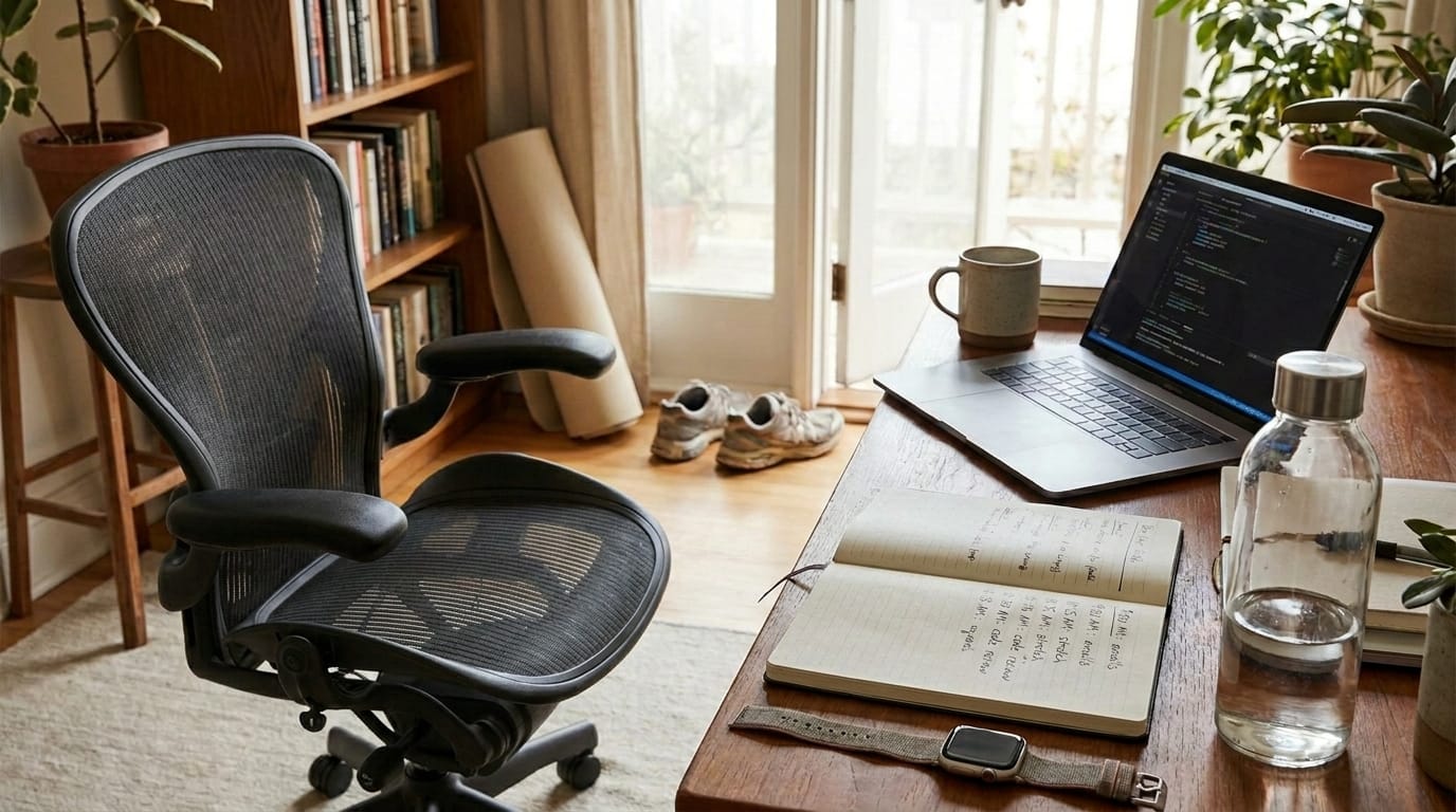 A wooden desk with an empty office chair pushed back at an angle, an Apple Watch and a water bottle on the desktop, a laptop showing code, a yoga mat leaning against a bookshelf, and running shoes near a doorway.