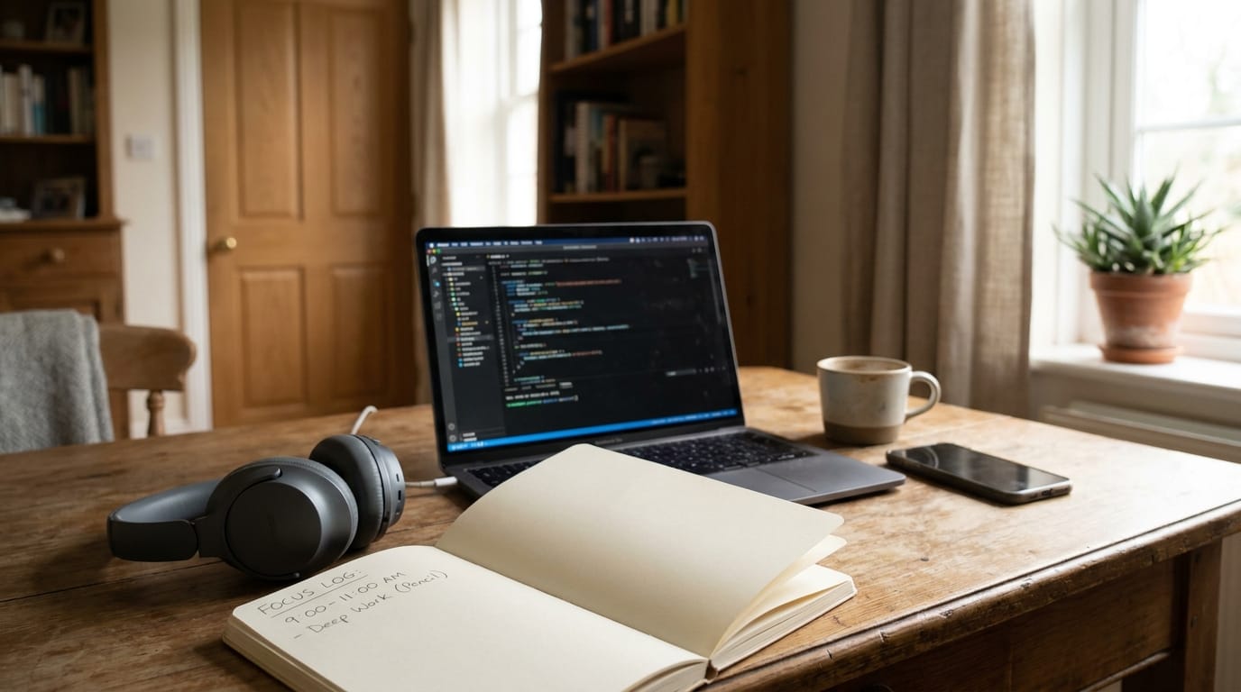 A wooden desk with an open notebook showing a handwritten focus-time log, over-ear headphones, a face-down phone, a laptop displaying code in a single window, a ceramic mug of coffee, and a closed door behind.