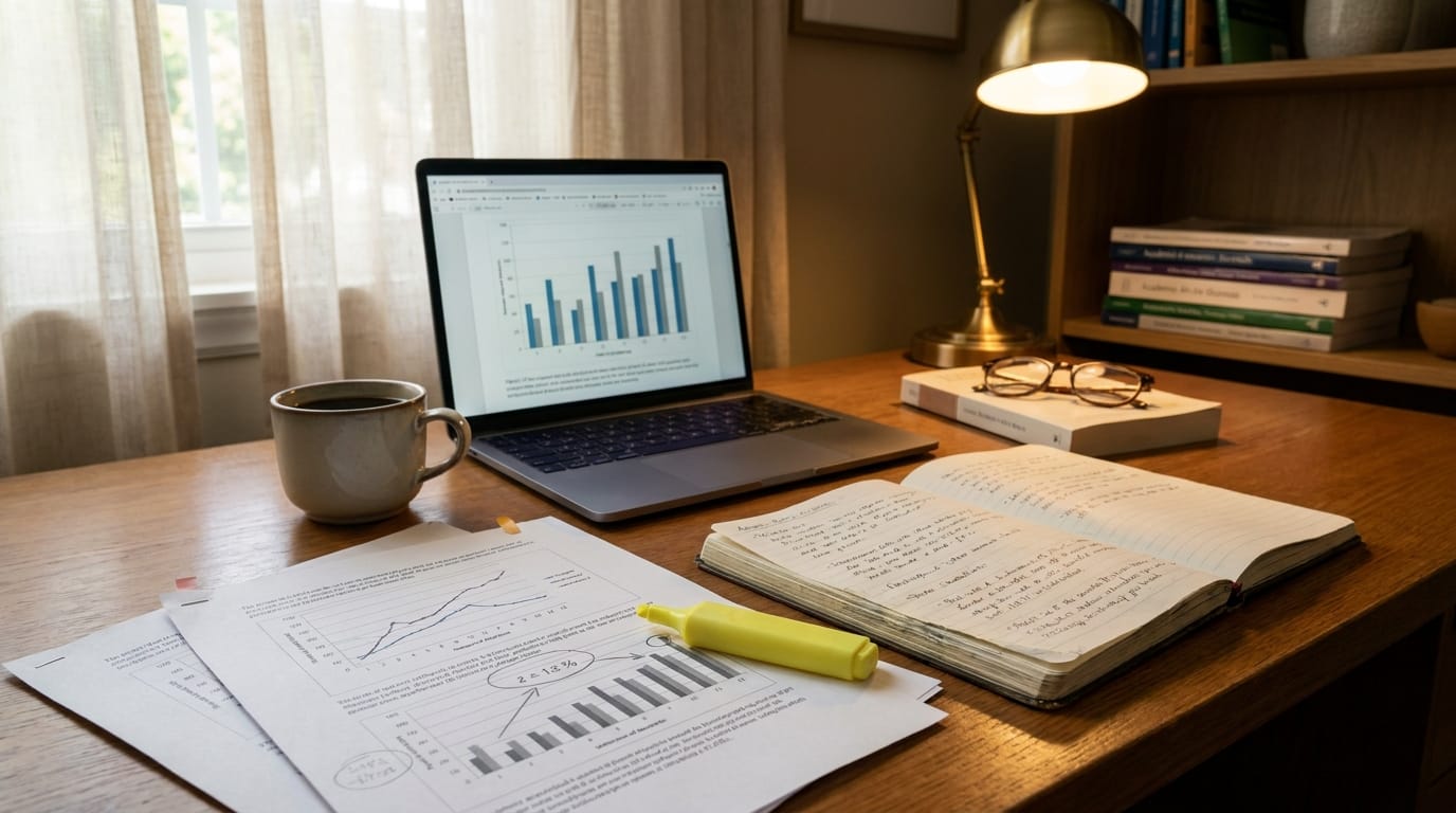A warmly lit wooden desk with a laptop displaying a bar chart, printed papers showing line and bar graphs marked with a yellow highlighter, an open notebook with handwritten notes, a coffee mug, a brass desk lamp, reading glasses on a stack of books, and a bookshelf in the background.