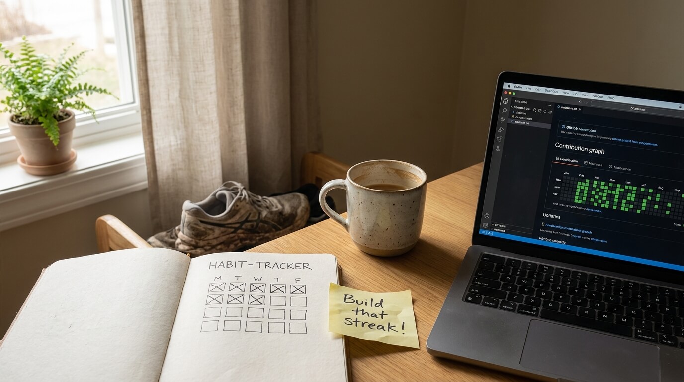 A wooden desk with an open paper habit tracker showing several ticked days, a yellow sticky note, a laptop displaying a grid of green streak squares, a coffee mug, and a pair of worn running shoes by the chair.