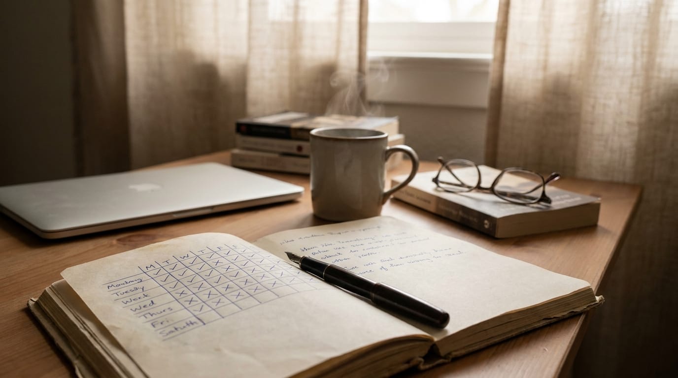 A wooden desk with an open paper journal showing a hand-drawn habit-tracker grid and a handwritten reflection in blue ink, a fountain pen, a ceramic mug of tea, reading glasses on a closed paperback, a closed laptop, and a stack of books in soft window light.