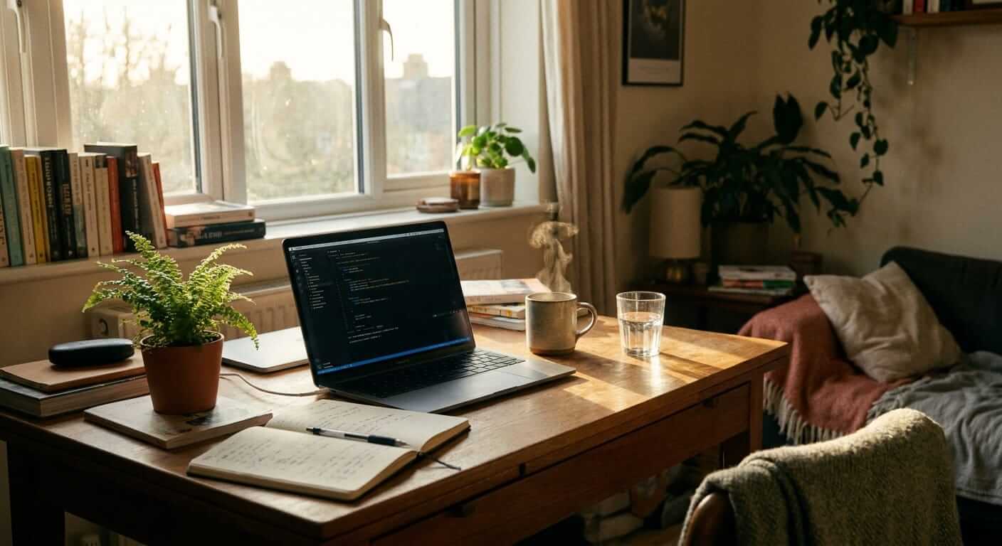 A sunlit wooden desk in a lived-in apartment with an open laptop showing code, a ceramic mug, a glass of water, an open notebook with handwriting, a small fern, and a bookshelf and couch in the background.
