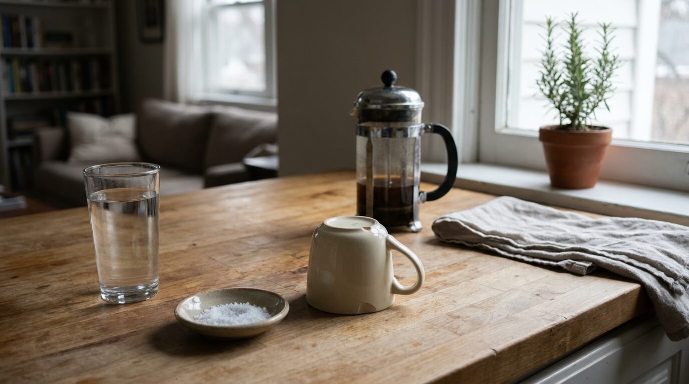 An early-morning kitchen counter with a tall glass of water, a small dish of salt, and an empty coffee mug turned upside-down beside an unused French press, with soft light from a window behind.
