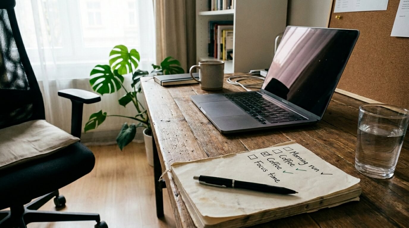 A home-office desk in soft morning light with a closed laptop, an open paper journal showing a short hand-ticked checklist with a pen, a glass of water, and a pair of running shoes by the chair.