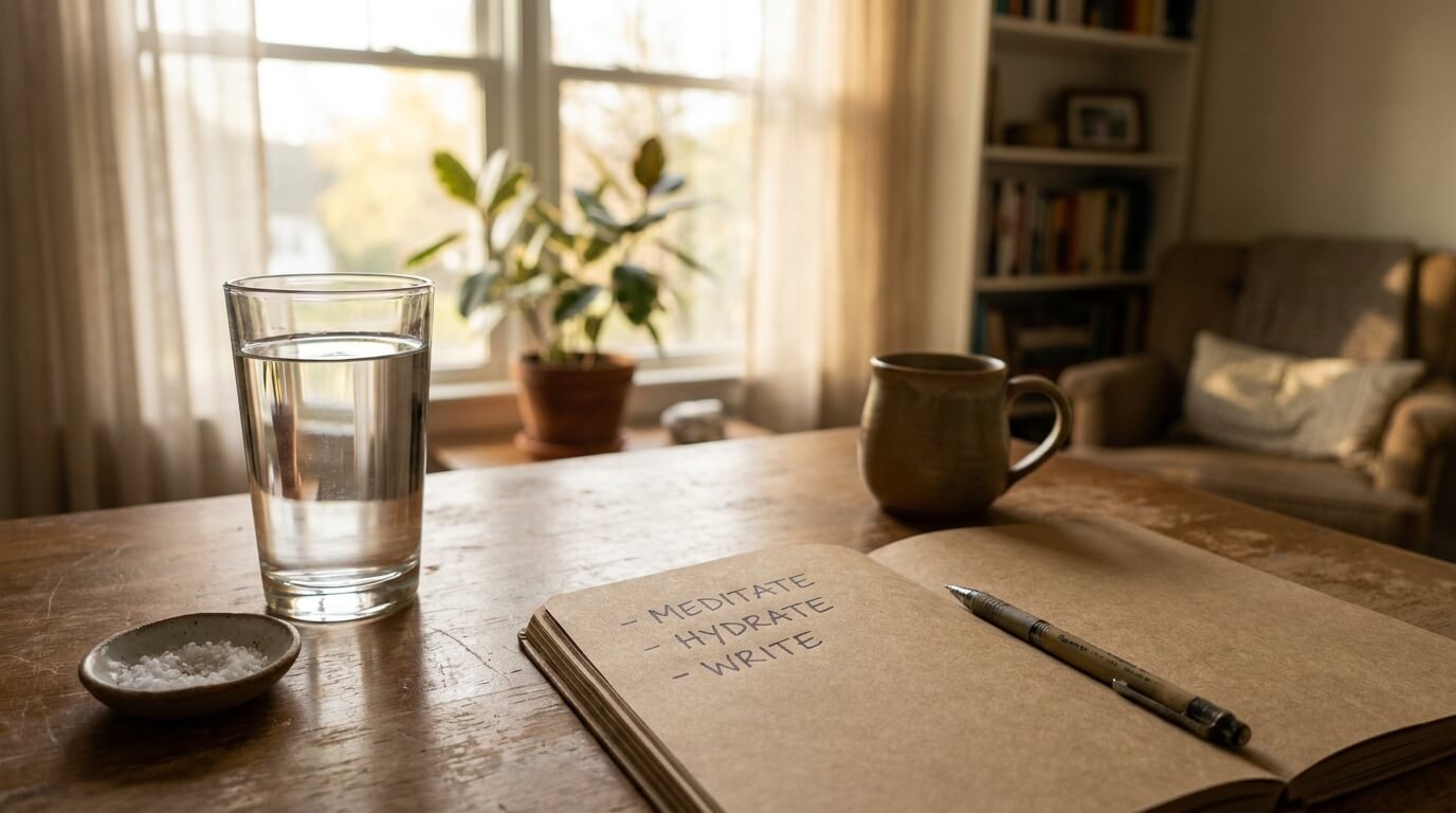 An early-morning wooden desk by a bright window with a glass of water, a small dish of salt, an open notebook showing a handwritten morning checklist, and a coffee mug pushed aside.