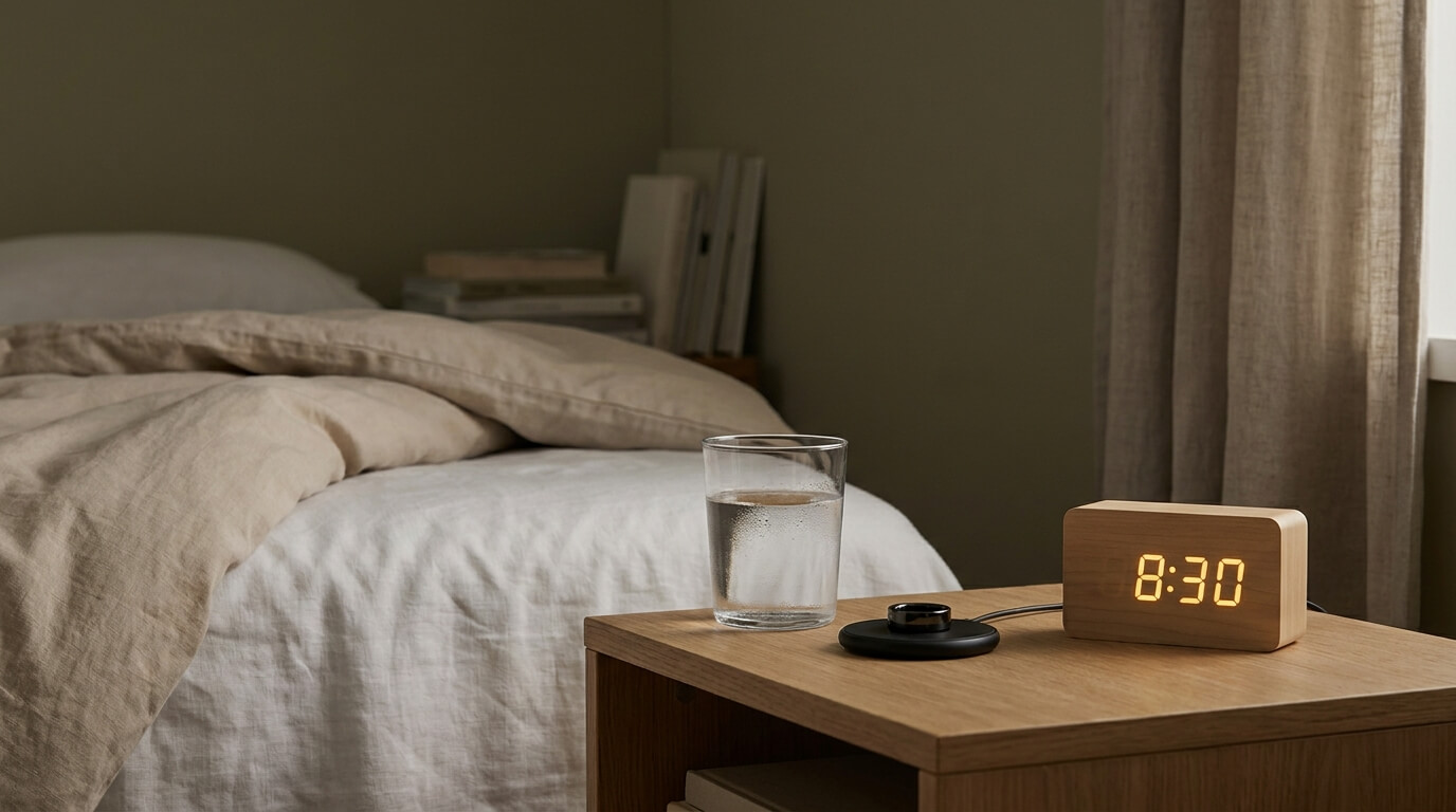A nightstand with a glass of water, a fitness-tracking ring on a charger, and a digital clock reading 8:30pm beside a bed with crisp white sheets.