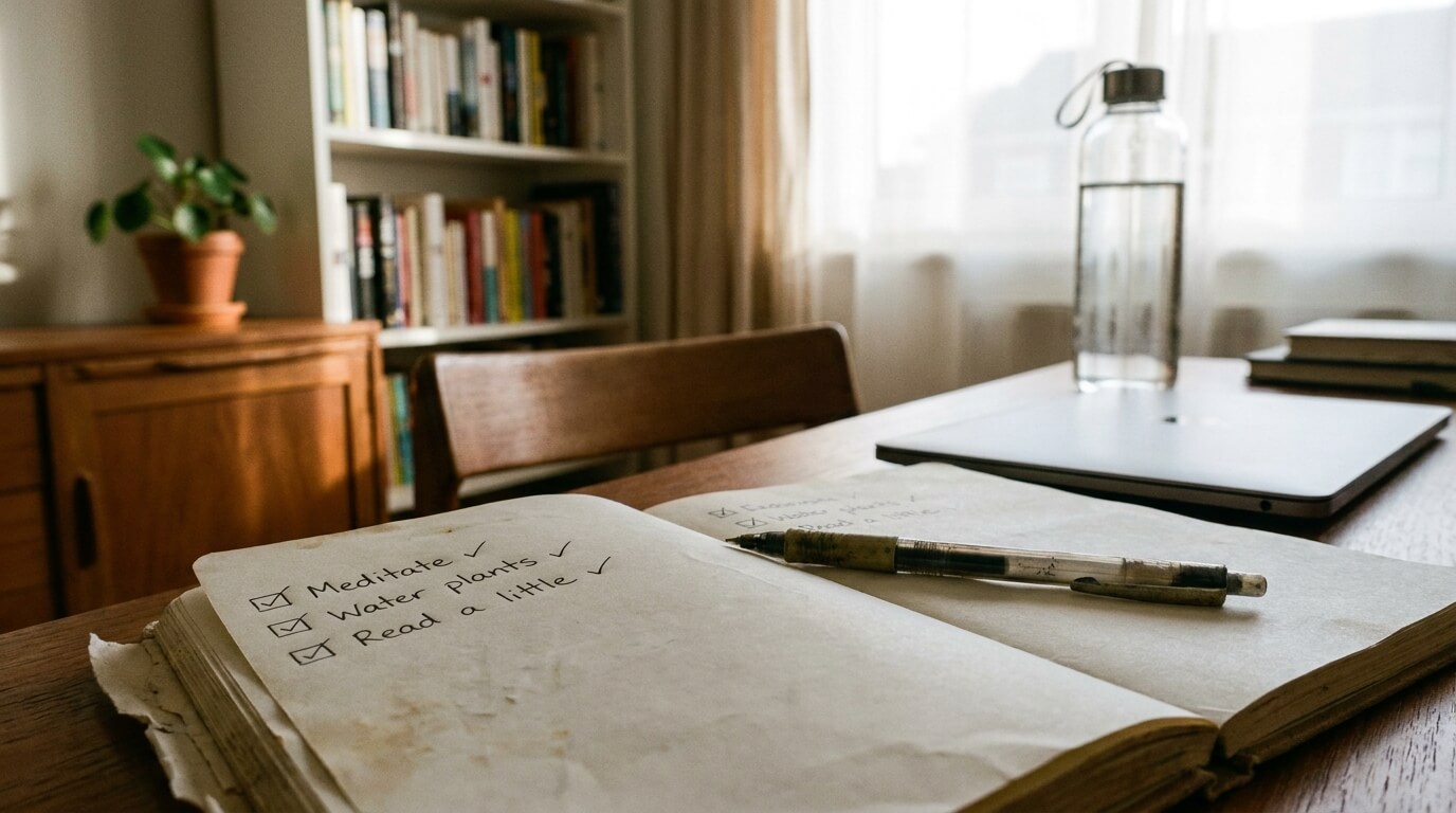 A morning desk with sunrise light through the window, an open notebook showing a checklist of sleep habits, a water bottle, and a laptop still closed.