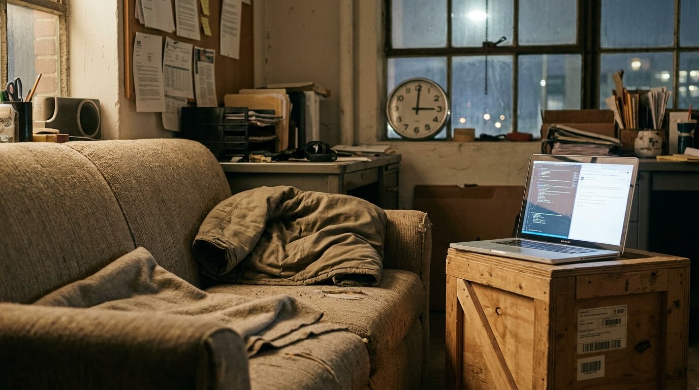 An office couch in dim late-night light with a folded jacket for a pillow, a laptop open on a shipping crate, and a wall clock showing 3am.