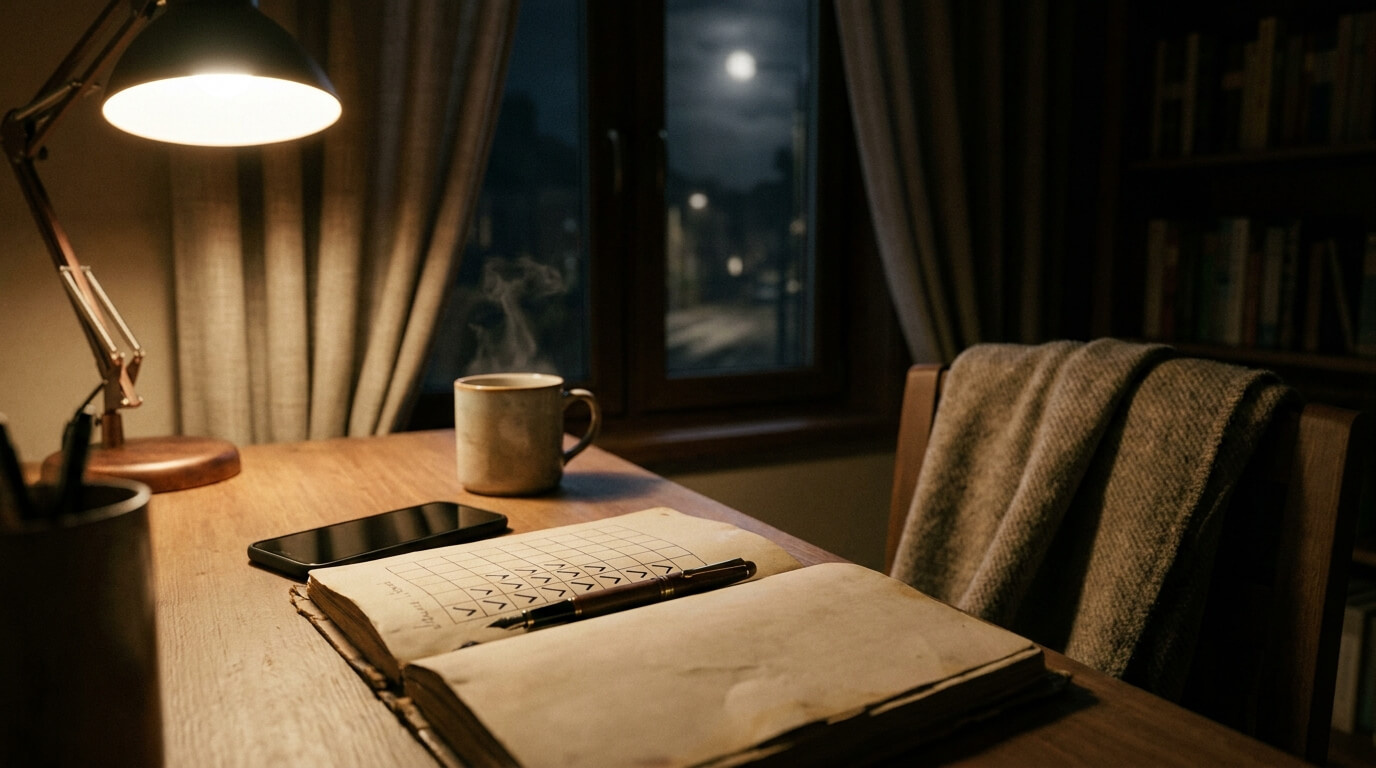 A desk at night with an open habit journal showing a filled-in sleep-tracking row, a switched-off phone face down, and a mug of tea under a warm lamp.