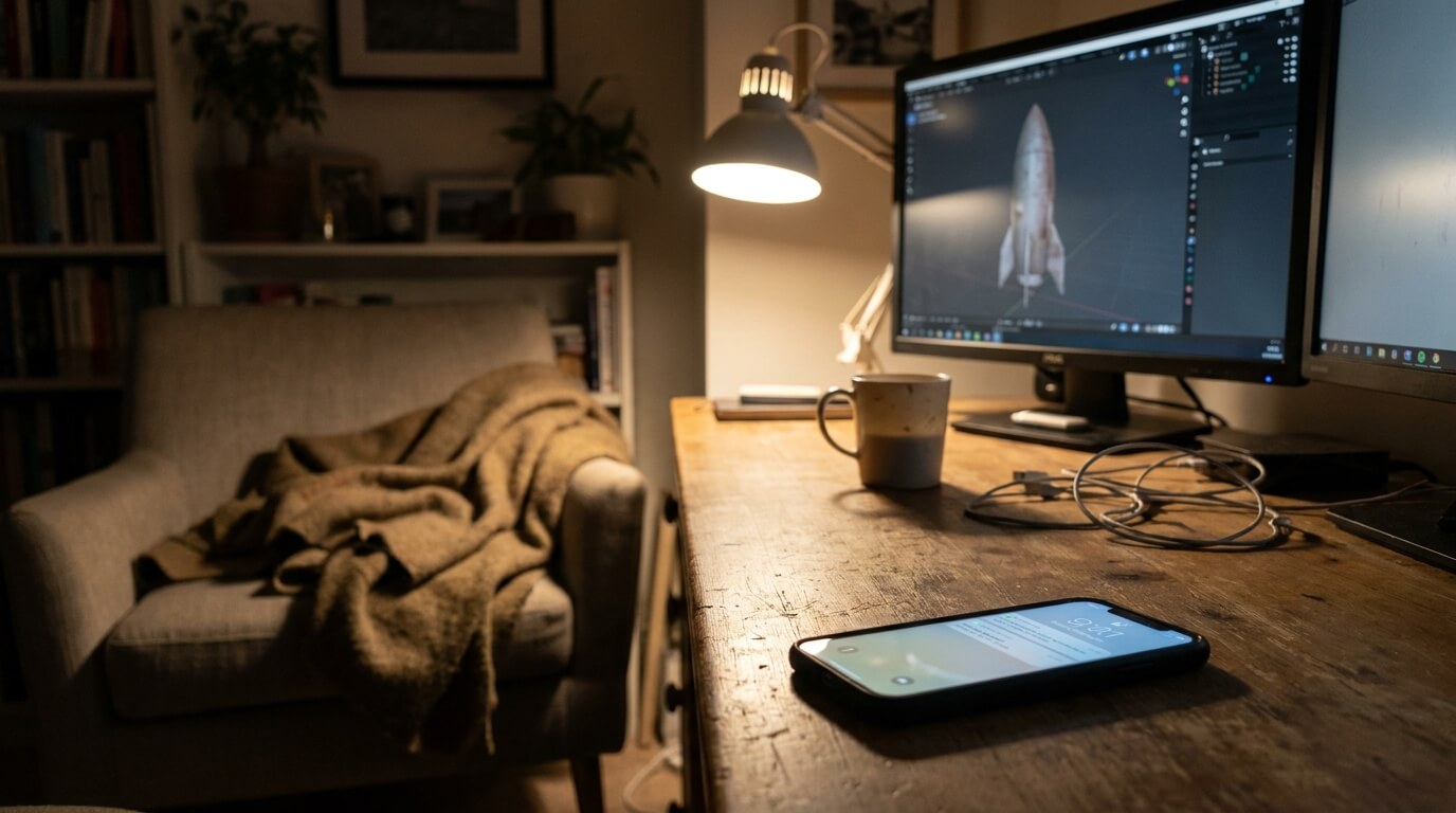 A late-night desk with two glowing monitors showing a rocket render, a phone lit up with notifications, and an office couch with a crumpled blanket in the background.