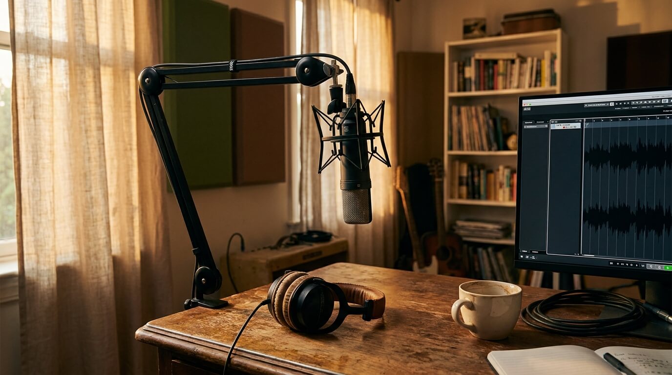 A home podcast recording desk with a microphone on a boom arm, over-ear headphones, a monitor showing an audio-editing timeline, and a coffee mug, with sound panels and a bookshelf behind.