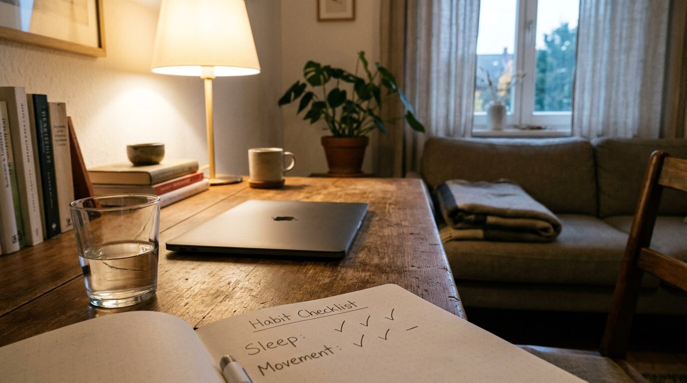 An end-of-day desk with an open journal showing a hand-drawn habit checklist, a glass of water, a closed laptop, and a warm desk lamp, with a couch and folded blanket behind.