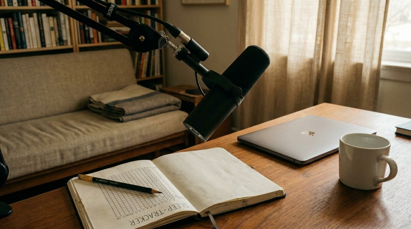An early-morning home studio desk with a podcast microphone on a boom arm, an open notebook showing a hand-drawn sleep-tracker grid, a closed laptop, and a coffee mug, with a couch and soft window light behind.