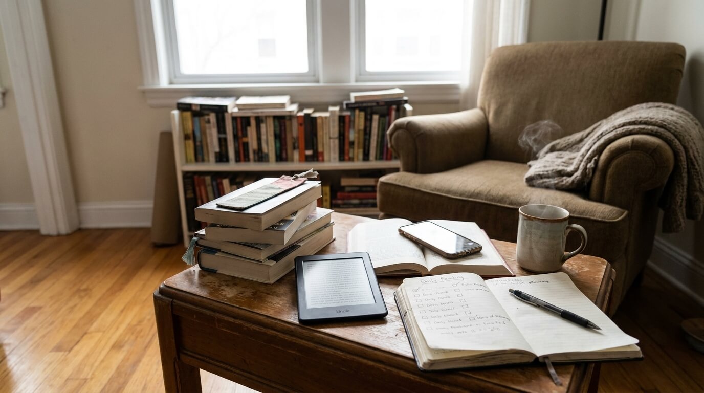 A desk corner with eight or ten books stacked and splayed open at once, a Kindle resting on top of one, a phone beside them, and a coffee mug, lit by a window.