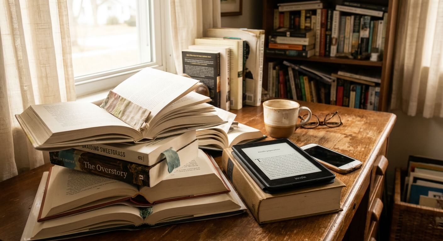 A home-office desk with a single open book held flat by a mug, a closed laptop pushed aside, and a paper habit tracker showing a row of daily reading checkmarks.