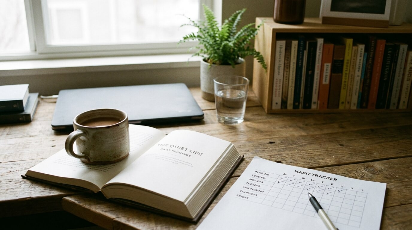 A morning reading nook with a stack of part-read books, an e-reader and a phone resting on open pages, a mug of tea, and a notebook showing a short daily reading checklist, in soft window light.